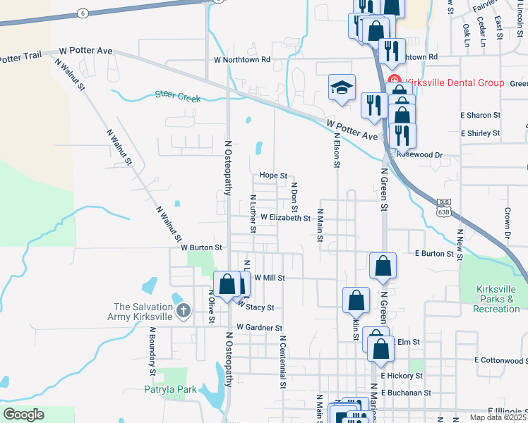 map of restaurants, bars, coffee shops, grocery stores, and more near 513 West Elizabeth Street in Kirksville