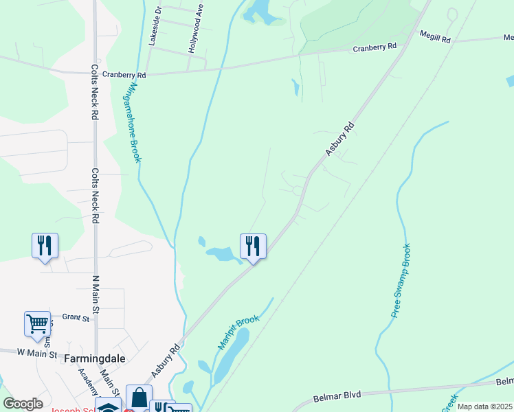 map of restaurants, bars, coffee shops, grocery stores, and more near 16 Johnny Drive in Farmingdale