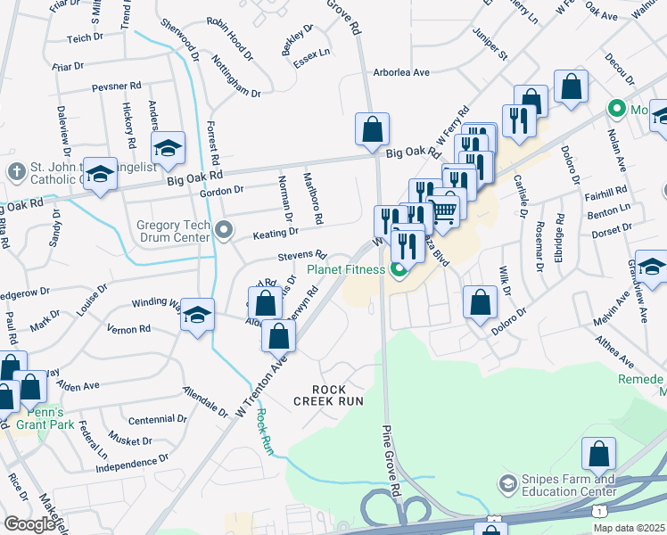 map of restaurants, bars, coffee shops, grocery stores, and more near 529 Berwyn Road in Morrisville