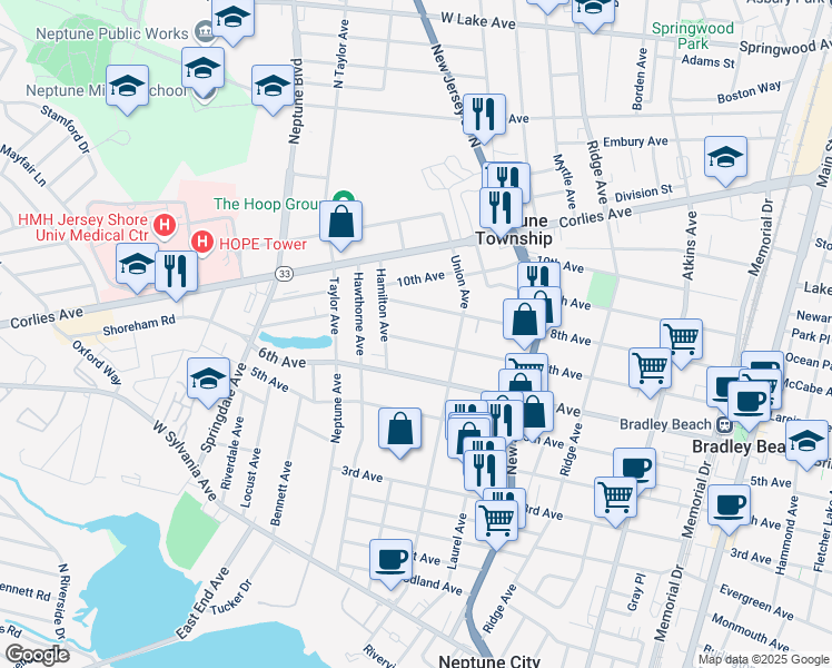 map of restaurants, bars, coffee shops, grocery stores, and more near 1517 7th Avenue in Neptune City