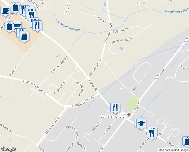 map of restaurants, bars, coffee shops, grocery stores, and more near 80 Greenwood Avenue in Collegeville