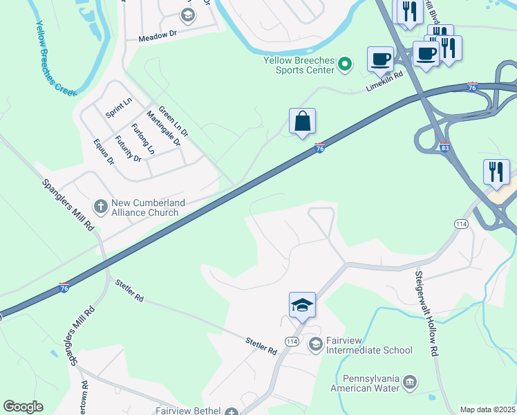 map of restaurants, bars, coffee shops, grocery stores, and more near 15 Pine Tree Drive in New Cumberland