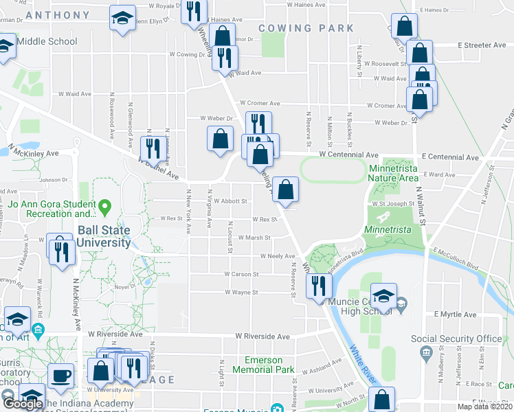 map of restaurants, bars, coffee shops, grocery stores, and more near 1408 North Linden Street in Muncie