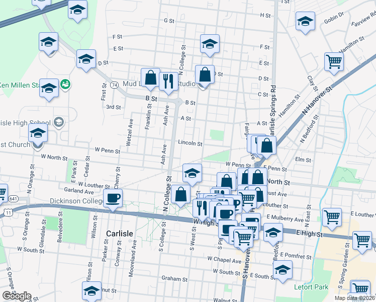 map of restaurants, bars, coffee shops, grocery stores, and more near 240 Lincoln Street in Carlisle