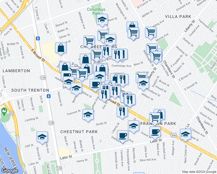 map of restaurants, bars, coffee shops, grocery stores, and more near 1214 Chestnut Avenue in Trenton