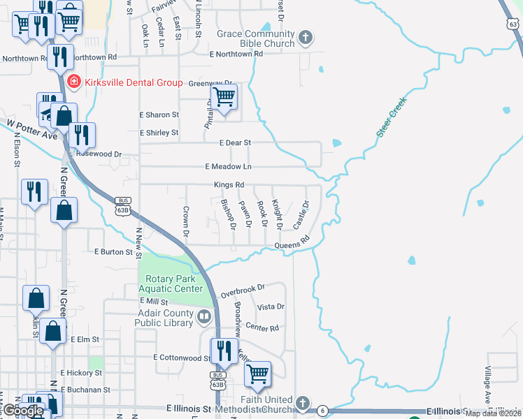 map of restaurants, bars, coffee shops, grocery stores, and more near 1200-1598 Rook Drive in Kirksville