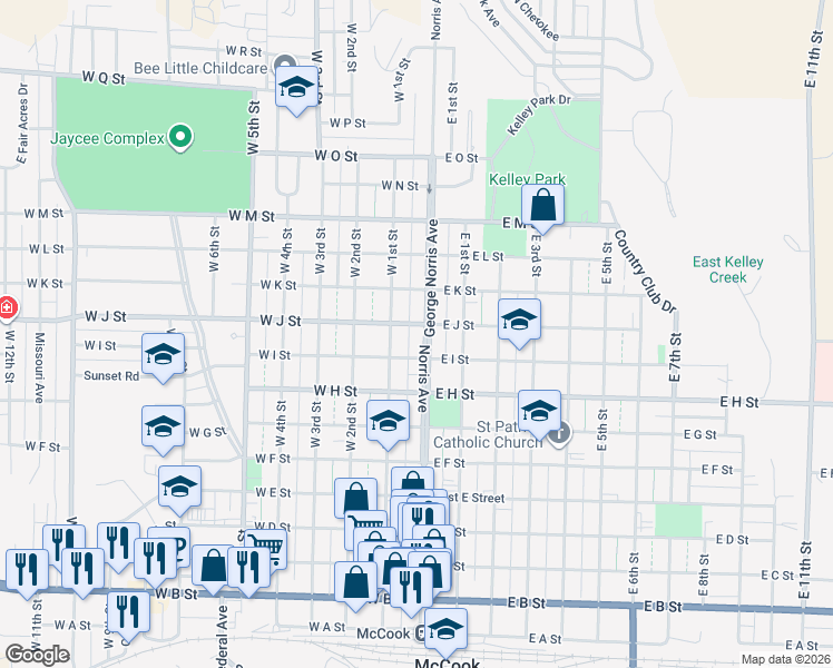 map of restaurants, bars, coffee shops, grocery stores, and more near 904 Norris Avenue in McCook