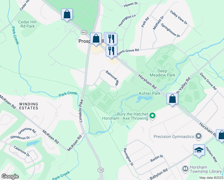 map of restaurants, bars, coffee shops, grocery stores, and more near 1019 Balmoral Way in Maple Glen