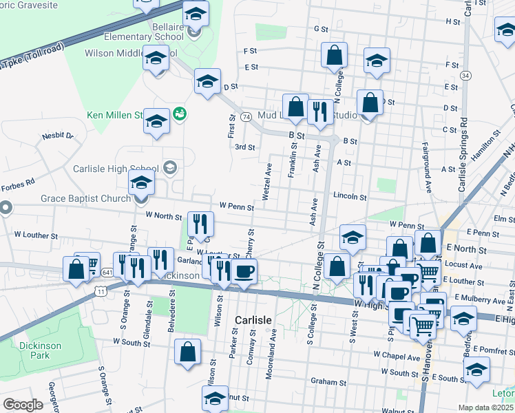 map of restaurants, bars, coffee shops, grocery stores, and more near 451 West Penn Street in Carlisle
