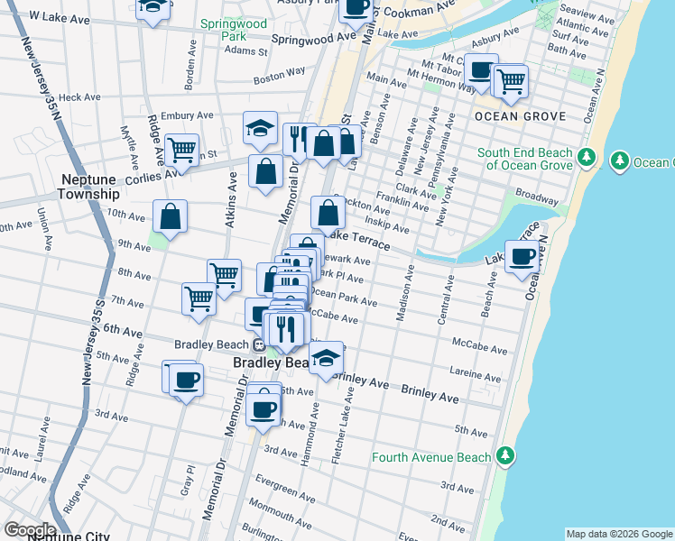 map of restaurants, bars, coffee shops, grocery stores, and more near 511 Park Place Avenue in Bradley Beach