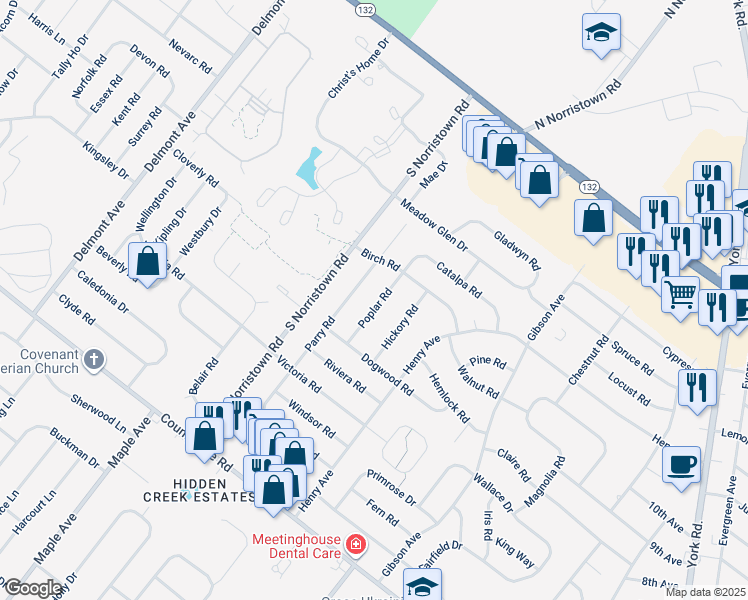 map of restaurants, bars, coffee shops, grocery stores, and more near 294 Poplar Road in Warminster