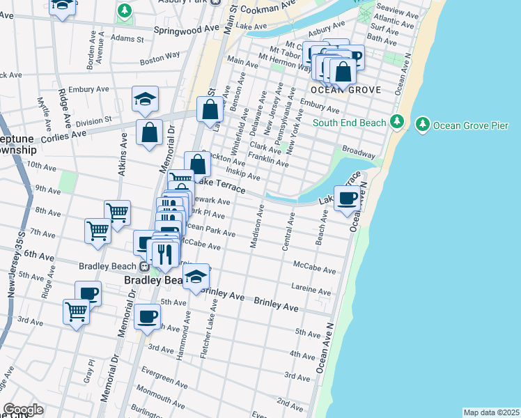 map of restaurants, bars, coffee shops, grocery stores, and more near 1101 Madison Avenue in Bradley Beach