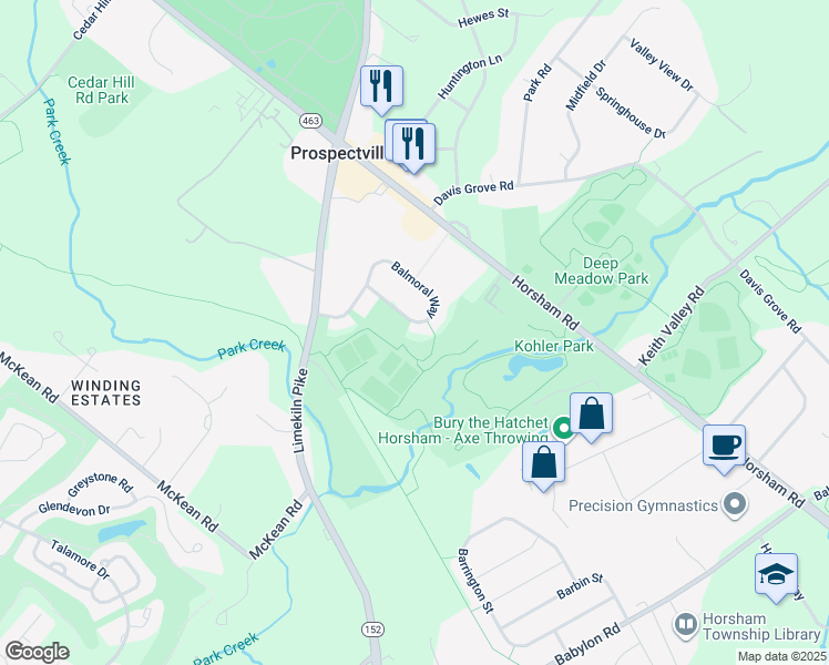 map of restaurants, bars, coffee shops, grocery stores, and more near 1019 Balmoral Way in Maple Glen