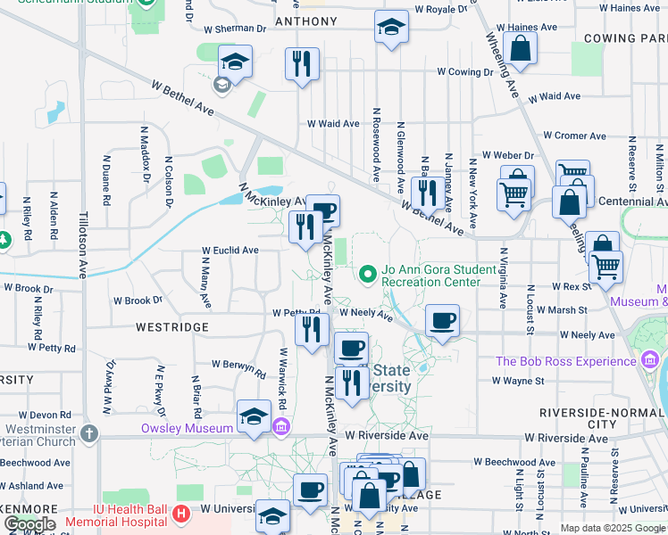 map of restaurants, bars, coffee shops, grocery stores, and more near 1500 North McKinley Avenue in Muncie