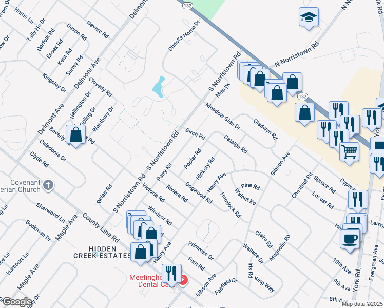 map of restaurants, bars, coffee shops, grocery stores, and more near 294 Poplar Road in Warminster