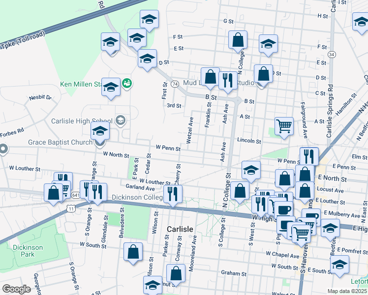map of restaurants, bars, coffee shops, grocery stores, and more near 451 West Penn Street in Carlisle