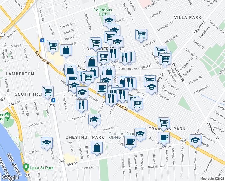 map of restaurants, bars, coffee shops, grocery stores, and more near 1219 Chestnut Avenue in Trenton