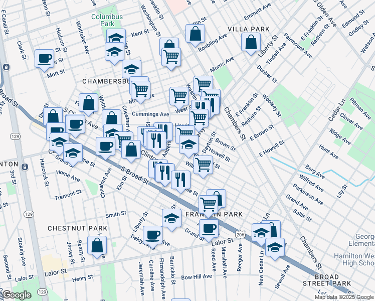 map of restaurants, bars, coffee shops, grocery stores, and more near Liberty Street & Woodland Street in Trenton