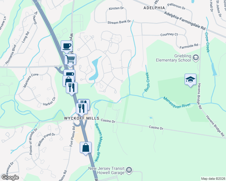 map of restaurants, bars, coffee shops, grocery stores, and more near Evesham Road in Freehold