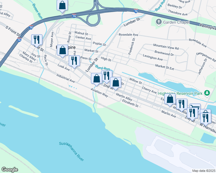 map of restaurants, bars, coffee shops, grocery stores, and more near 2 Ann Street in Highspire