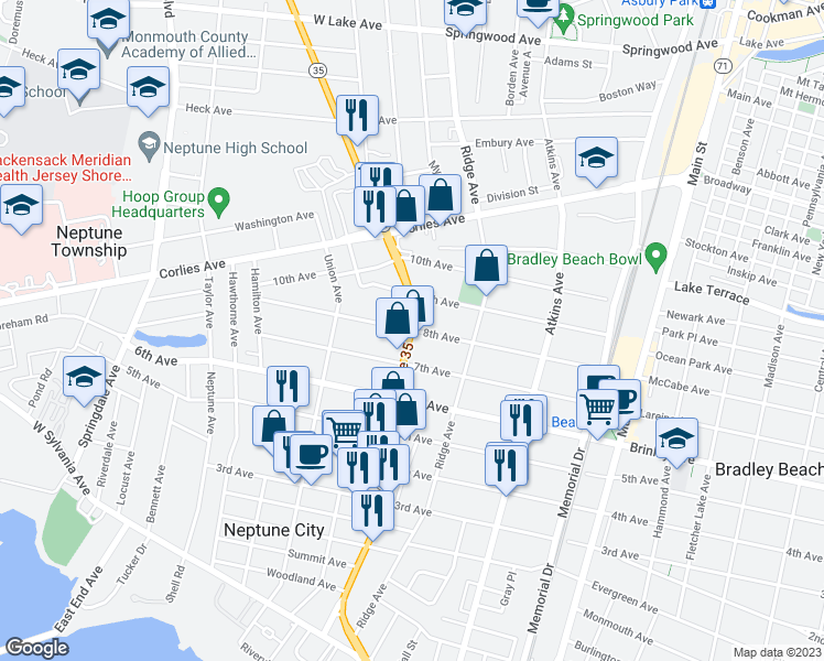 map of restaurants, bars, coffee shops, grocery stores, and more near 1400 8th Avenue in Neptune City