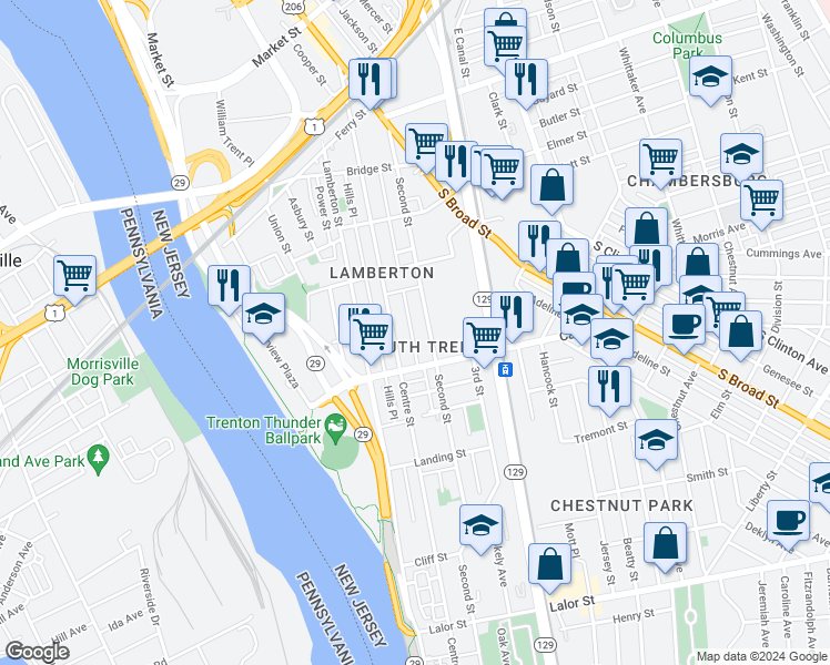 map of restaurants, bars, coffee shops, grocery stores, and more near 74 Hustons Alley in Trenton
