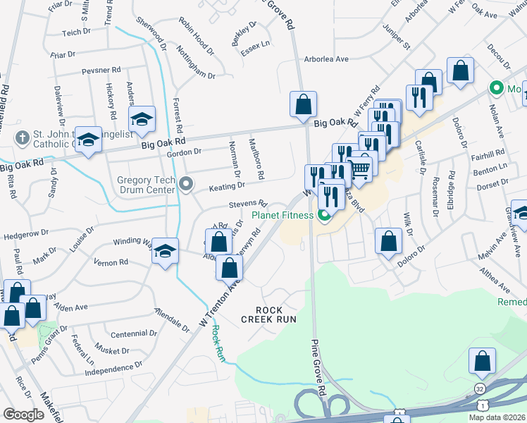 map of restaurants, bars, coffee shops, grocery stores, and more near 522 Berwyn Road in Morrisville