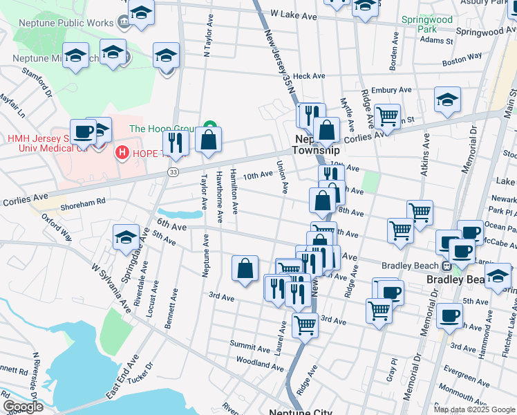 map of restaurants, bars, coffee shops, grocery stores, and more near 1516 7th Avenue in Neptune City