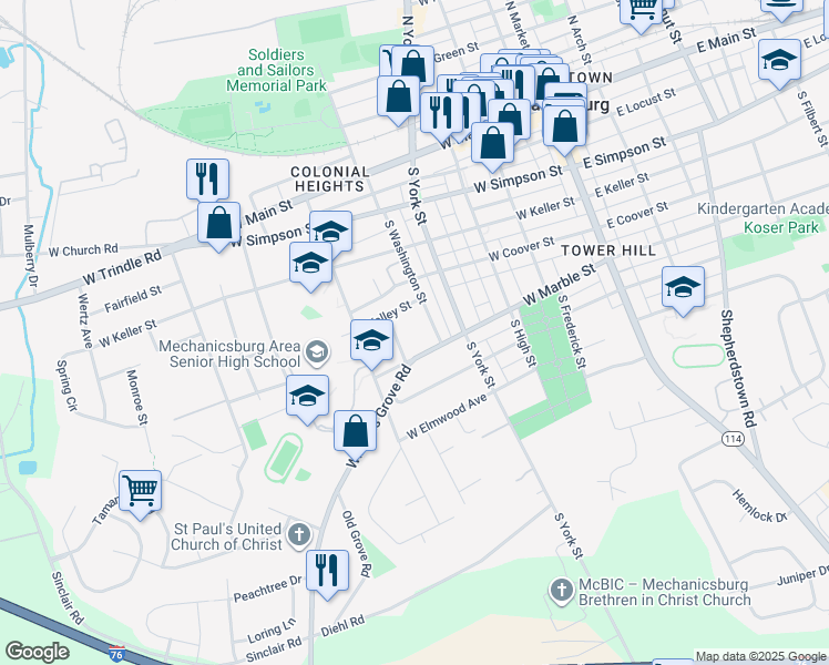 map of restaurants, bars, coffee shops, grocery stores, and more near 406 West Marble Street in Mechanicsburg