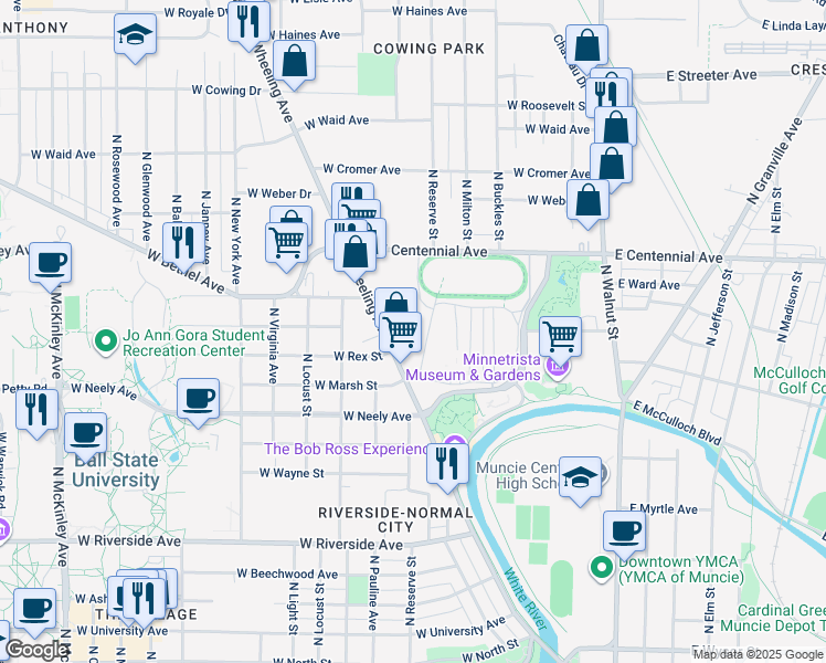 map of restaurants, bars, coffee shops, grocery stores, and more near 1400 Wheeling Avenue in Muncie