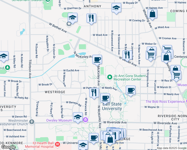 map of restaurants, bars, coffee shops, grocery stores, and more near 1500 North McKinley Avenue in Muncie