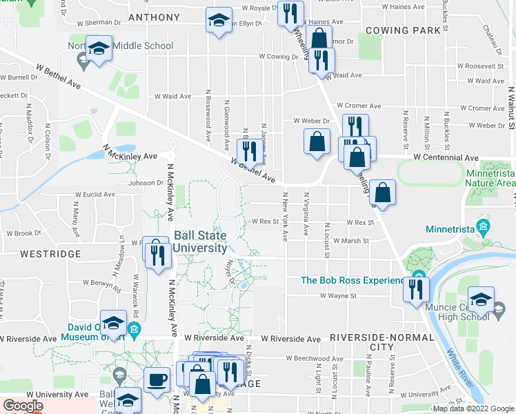 map of restaurants, bars, coffee shops, grocery stores, and more near 1409 West Abbott Street in Muncie