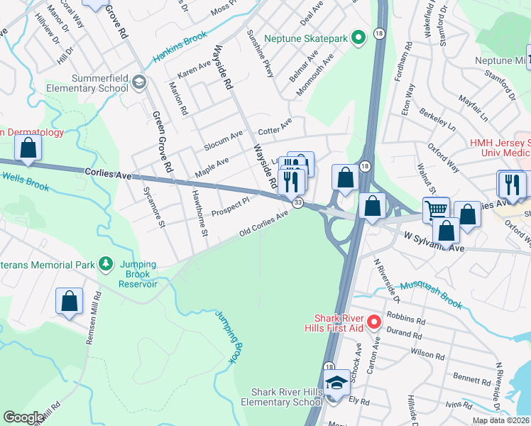 map of restaurants, bars, coffee shops, grocery stores, and more near 307 Old Corlies Avenue in Neptune City