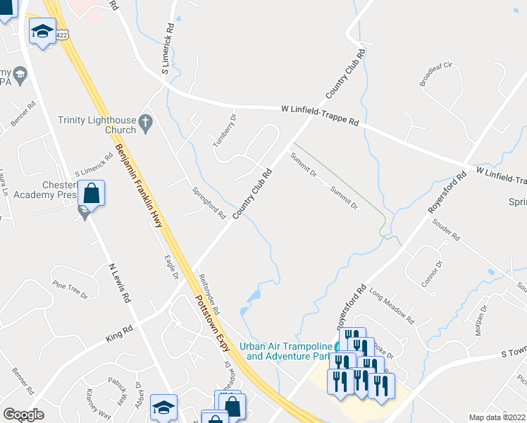 map of restaurants, bars, coffee shops, grocery stores, and more near 95 Country Club Road in Limerick