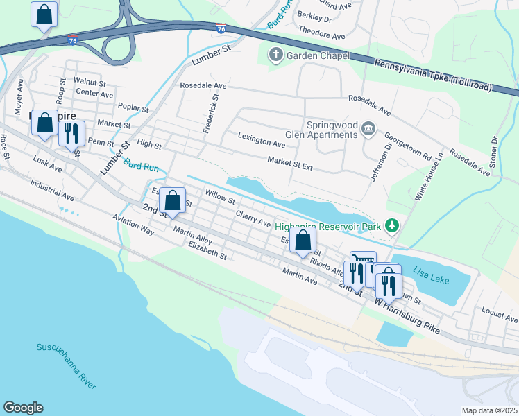 map of restaurants, bars, coffee shops, grocery stores, and more near 516 Eshelman Street in Highspire