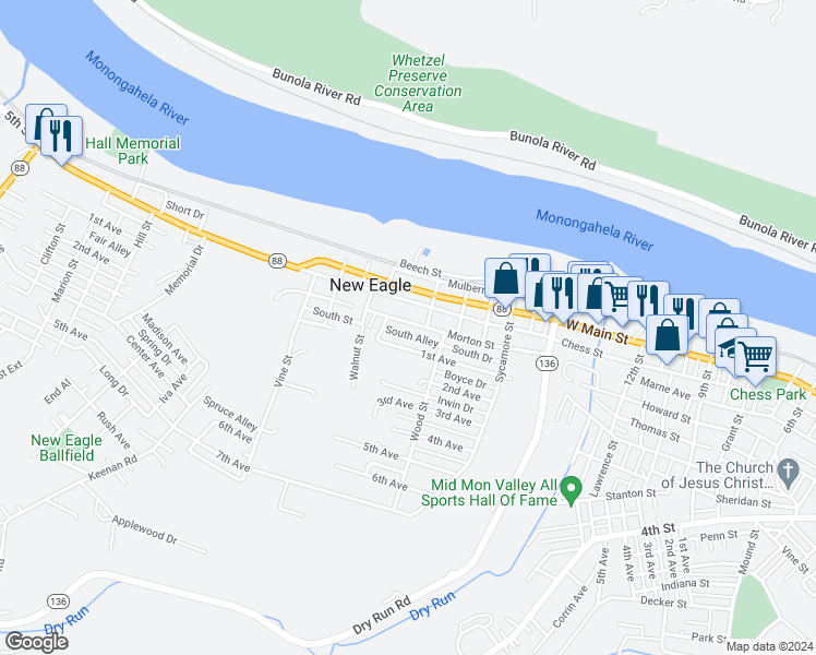 map of restaurants, bars, coffee shops, grocery stores, and more near 176 Morton Street in New Eagle