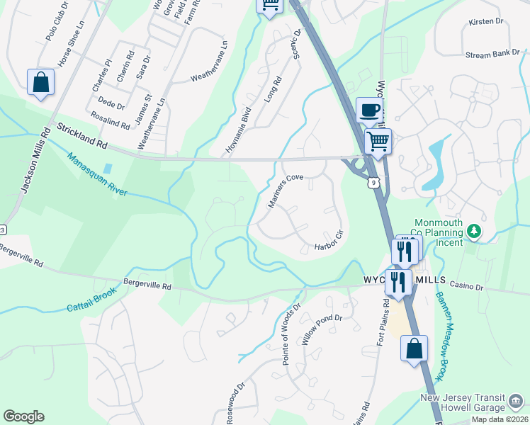 map of restaurants, bars, coffee shops, grocery stores, and more near 16 Atlantis Terrace in Freehold