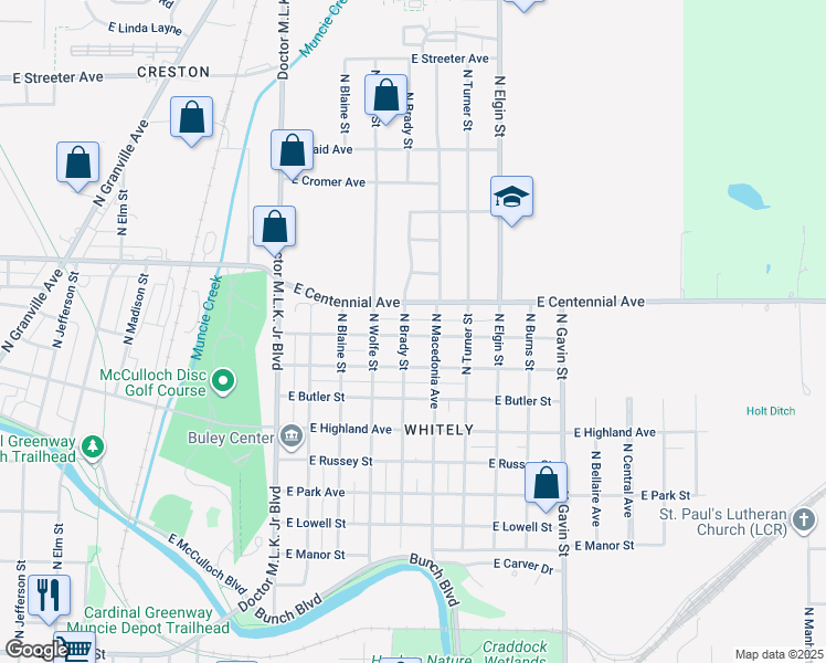 map of restaurants, bars, coffee shops, grocery stores, and more near 1604 East Kirk Street in Muncie
