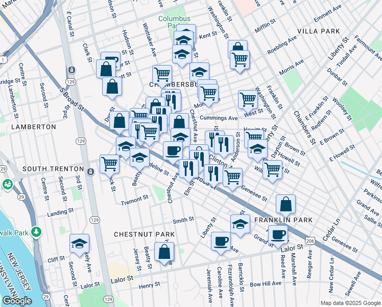 map of restaurants, bars, coffee shops, grocery stores, and more near 1217 Chestnut Avenue in Trenton