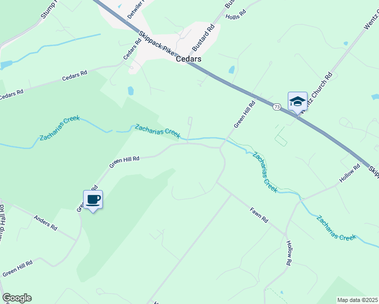map of restaurants, bars, coffee shops, grocery stores, and more near 1840 Green Hill Road in Collegeville