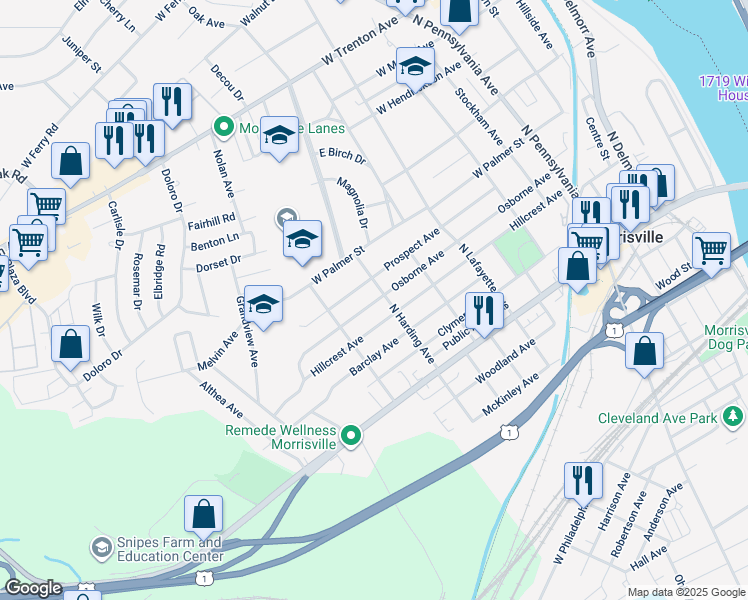 map of restaurants, bars, coffee shops, grocery stores, and more near 524 Osborne Avenue in Morrisville