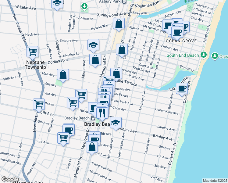 map of restaurants, bars, coffee shops, grocery stores, and more near 612 Ocean Park Avenue in Bradley Beach
