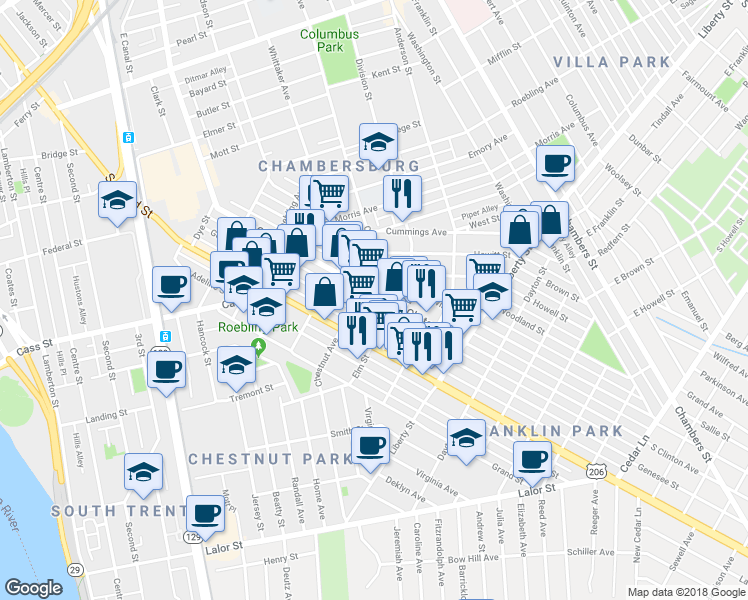 map of restaurants, bars, coffee shops, grocery stores, and more near 1204 Chestnut Avenue in Trenton