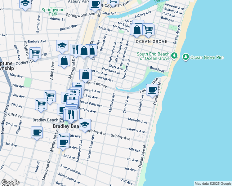 map of restaurants, bars, coffee shops, grocery stores, and more near 1006 Madison Avenue in Bradley Beach