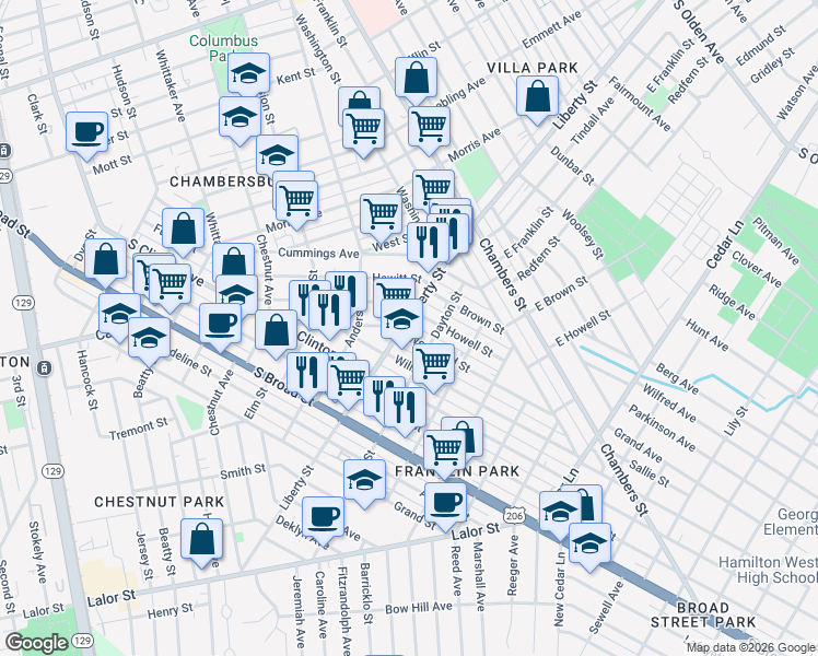 map of restaurants, bars, coffee shops, grocery stores, and more near in Trenton