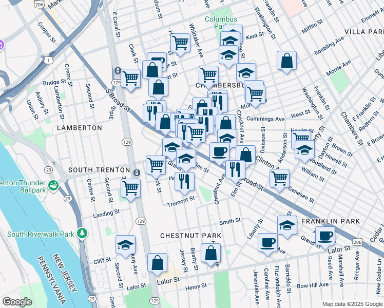 map of restaurants, bars, coffee shops, grocery stores, and more near 335 Adeline Street in Trenton