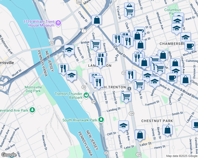 map of restaurants, bars, coffee shops, grocery stores, and more near 483 Centre Street in Trenton