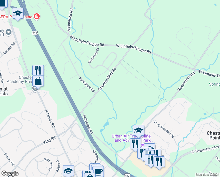 map of restaurants, bars, coffee shops, grocery stores, and more near 95 Country Club Road in Limerick