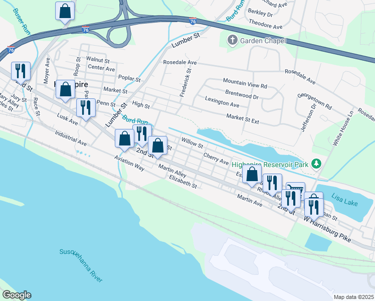 map of restaurants, bars, coffee shops, grocery stores, and more near 489 Eshelman Street in Highspire