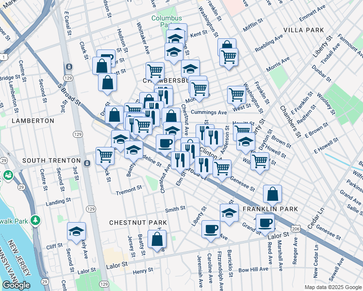 map of restaurants, bars, coffee shops, grocery stores, and more near 1217 Chestnut Avenue in Trenton